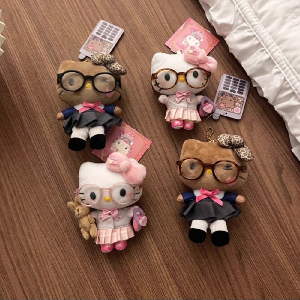 Sanrio Hello Kitty Schoolgirl Plush Keychain Set — Pink, White & Brown